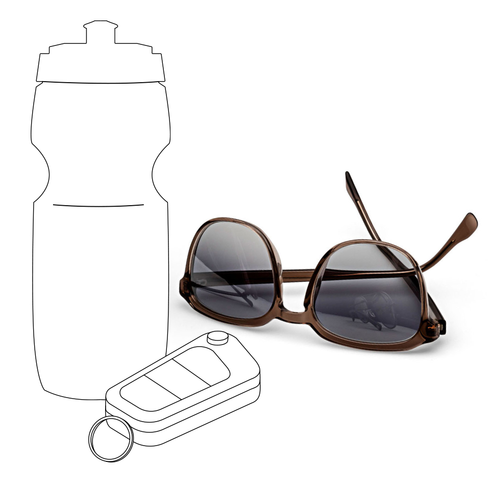 Una botella de bebida deportiva ilustrada y unas llaves de automóvil junto a una imagen real de unos lentes solares ZEISS en gradiente de color gris.