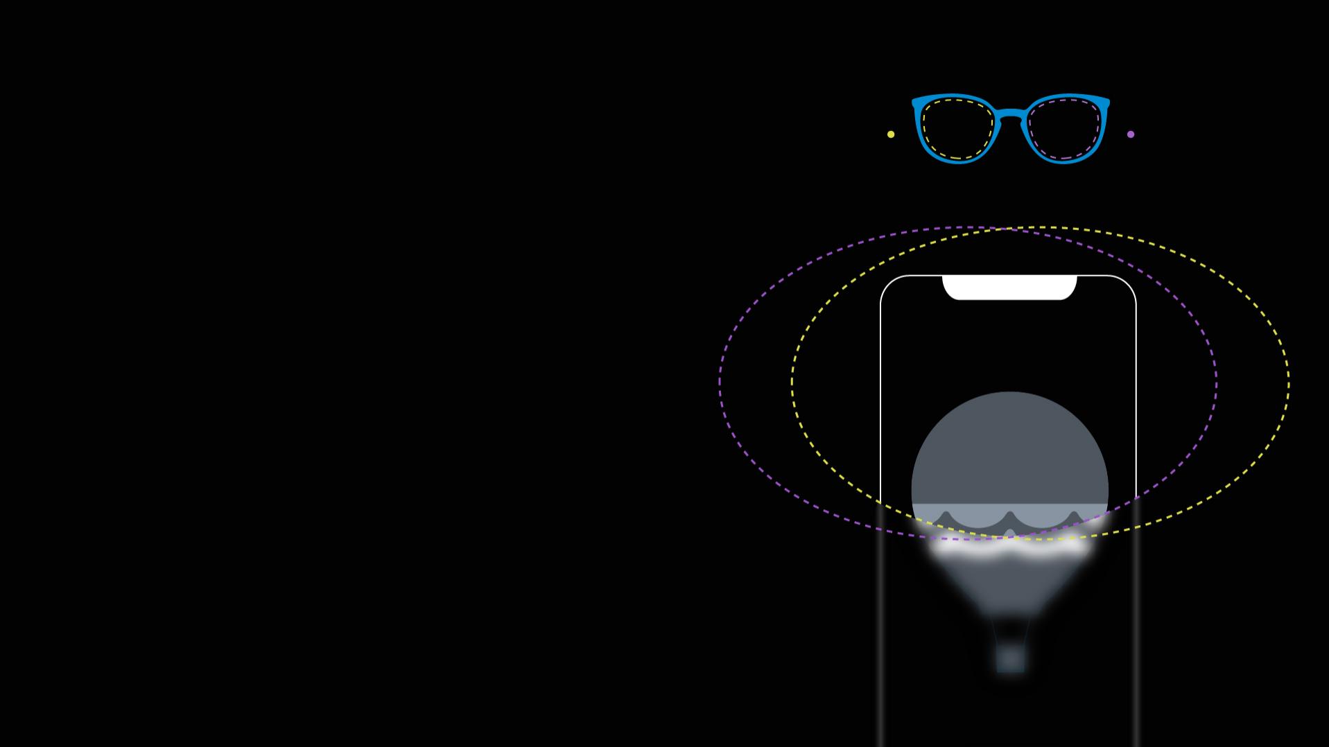 Una imagen de un smartphone en la que las áreas de visión del ojo derecho y del izquierdo están representadas por líneas de puntos que se superponen nítidamente.