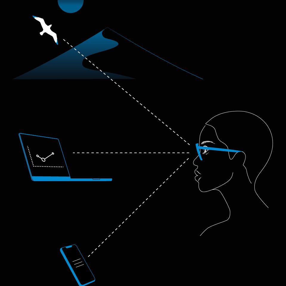 Imagen de una mujer con lentes e imágenes de un teléfono, una laptop y un paisaje que ilustran las tres distancias de los lentes progresivos.