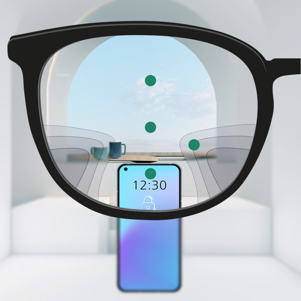 Una imagen ilustrativa de lentes para gafas con un diseño híbrido que muestra un amplio campo de visión nítido de cerca, de lejos y a una distancia media, y transiciones suaves entre las zonas borrosas.