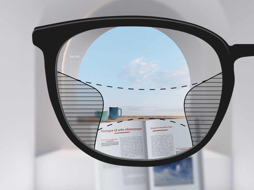 Ilustración esquemática de un punto de vista a través de un lente progresivo ZEISS Light 2 que muestra campos de visión de amplitud media de cerca (libro) y de lejos (cielo) y transiciones suaves entre las zonas borrosas.