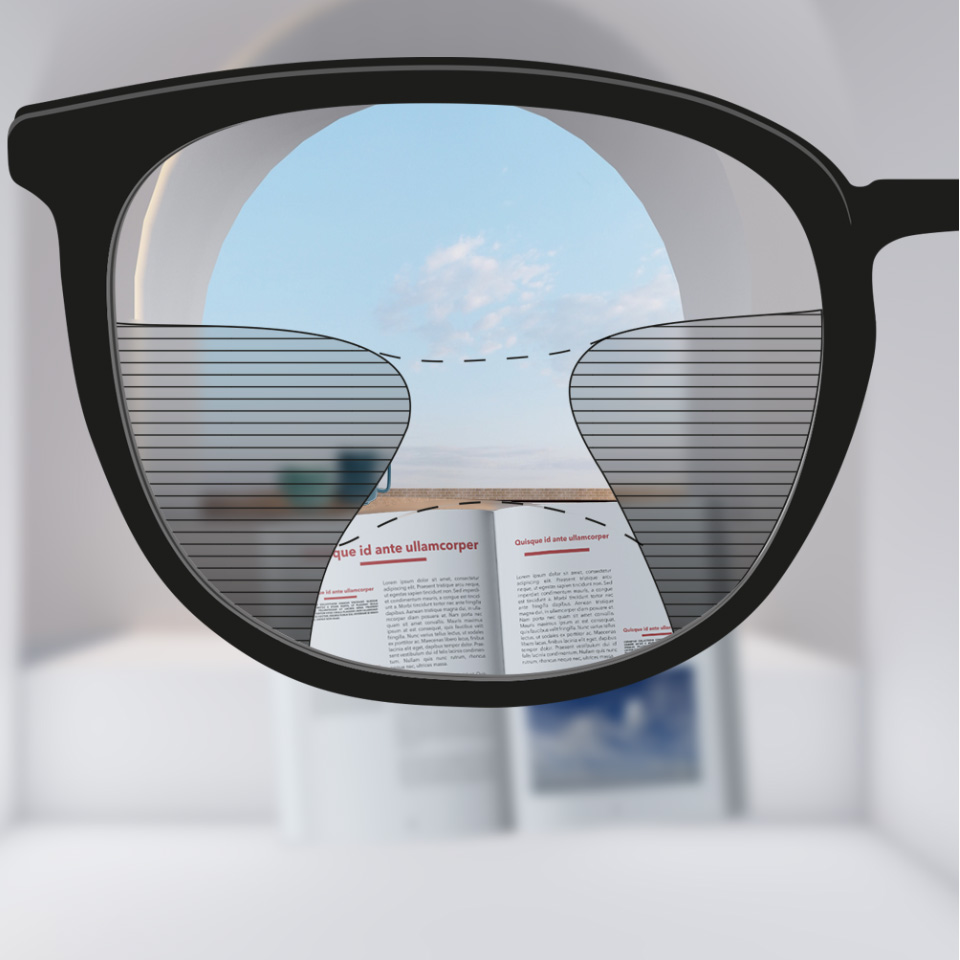 Una imagen deslizante con un lente multifocal convencional a la izquierda, con zonas de visión relativamente limitadas, comparado con un lente a la derecha, que tiene una visión nítida a través de una mayor parte del lente.