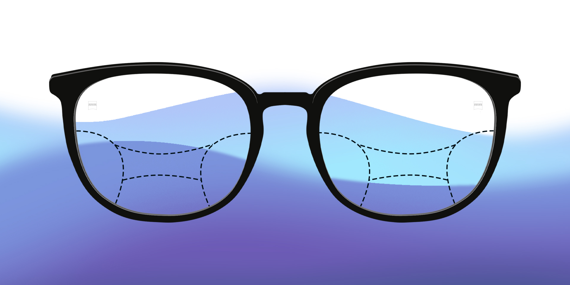 Una imagen de lentes progresivos ilustrados sobre un fondo colorido.