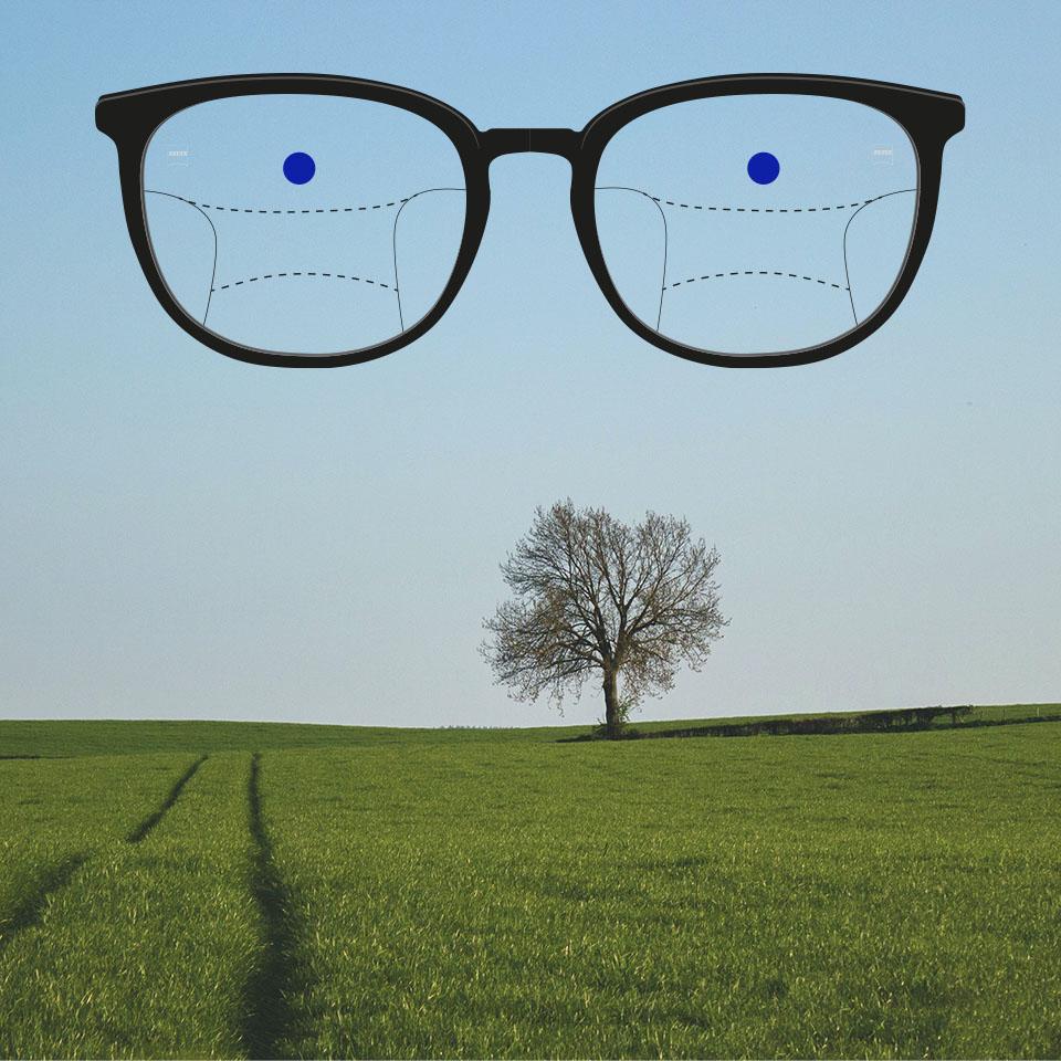 Una montura con lentes progresivos y líneas esquemáticas para indicar las distintas zonas de visión. Se destacan diferentes partes del lente: lejos - parte superior de los lentes.