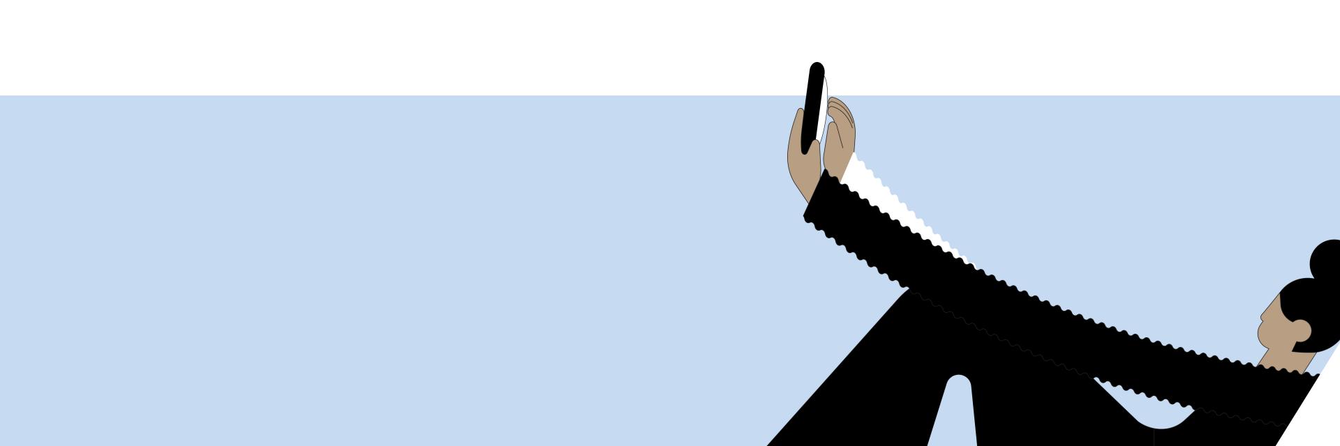 Ilustración de una mujer que sostiene su smartphone con los brazos muy estirados.