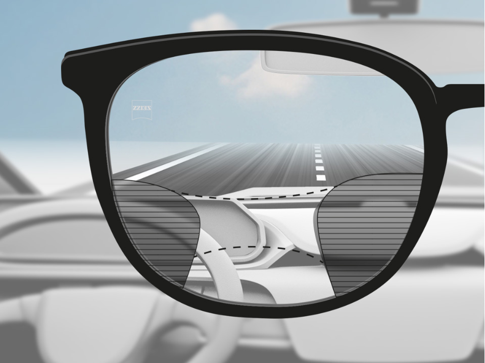 Una imagen desde el punto de vista de un conductor con lentes progresivos ZEISS DriveSafe con visión nítida de la calle y el tablero y borrosa a izquierda y derecha. 