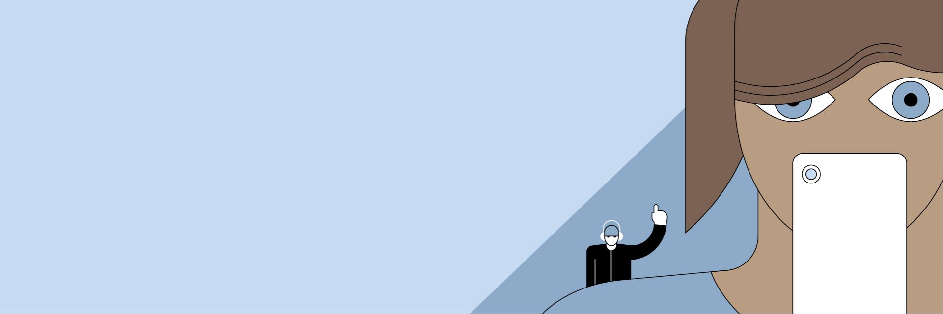Una ilustración de una mujer con el teléfono cerca de la cara y un hombre con auriculares a lo lejos levantando el dedo índice.
